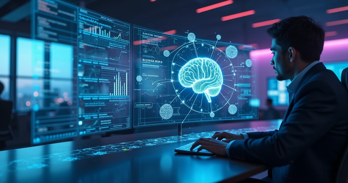 Representação visual de inteligência artificial analisando dados de pesquisa para SEO 