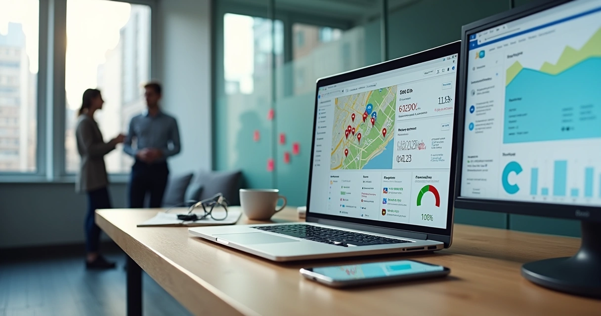 Tela de notebook com mapa e ícones de localização ao lado de painel de métricas de SEO 