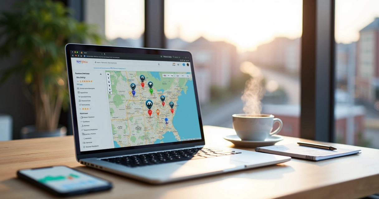 Tela de blog com mapa regional destacando resultados de pesquisa local 