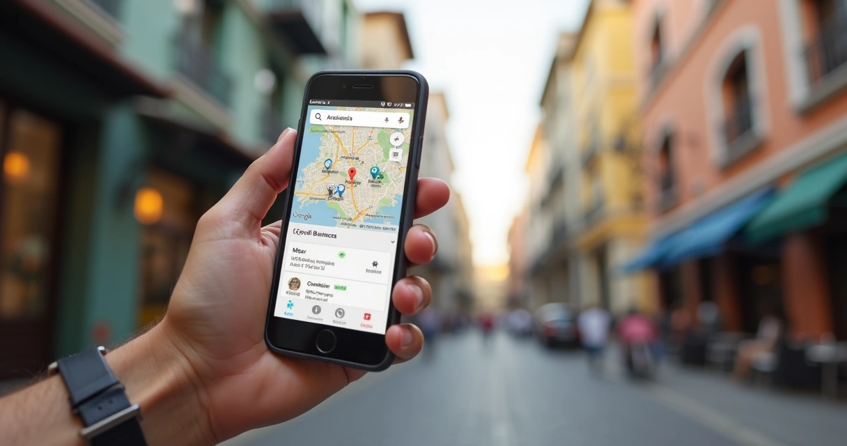 Pessoa pesquisando empresa local em um smartphone com mapa da cidade ao fundo 