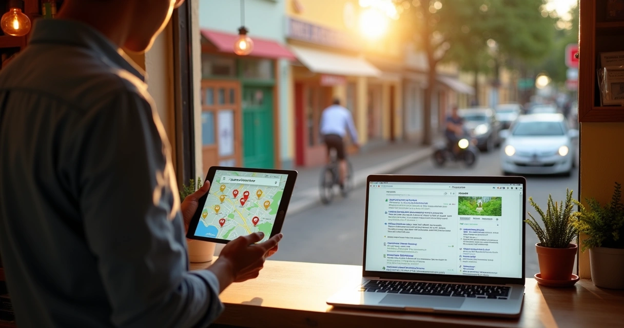 Comerciante de pequeno negócio olhando mapa digital com destaque no próprio bairro dentro da loja 