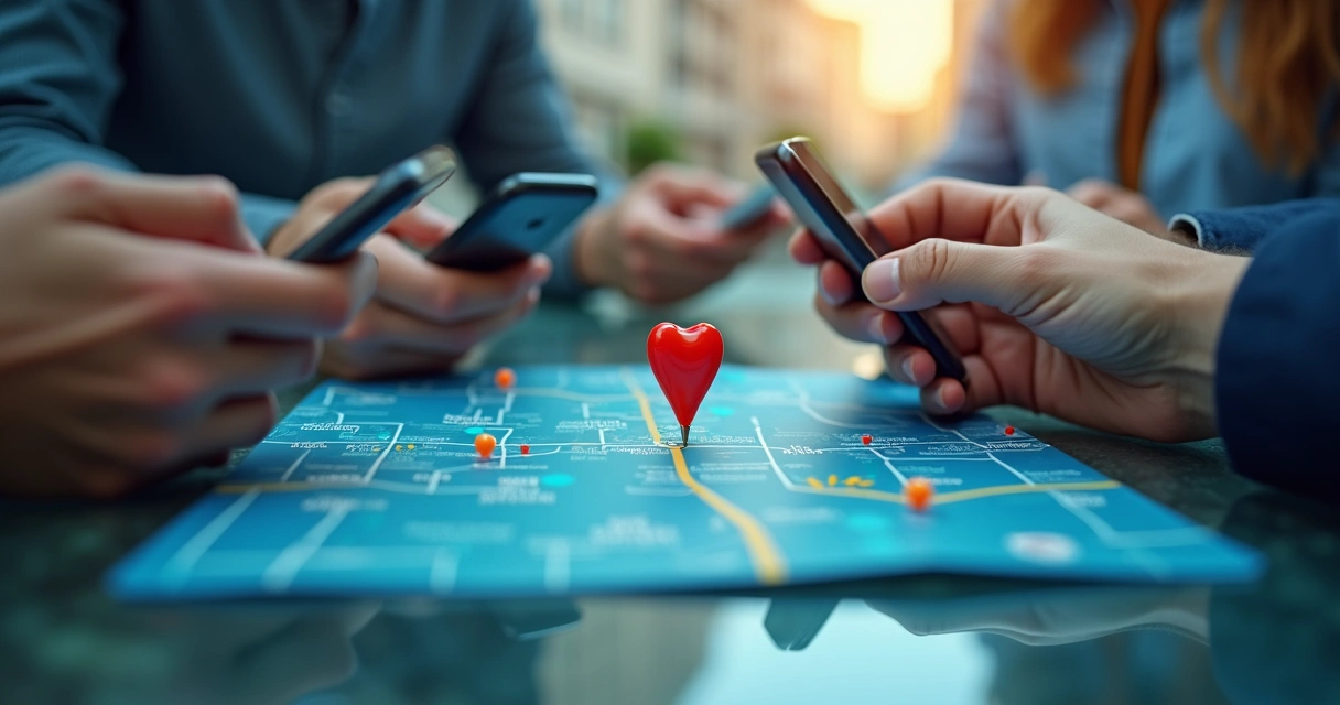 Mapa digital destaca clínica odontológica com marcador e pacientes ao redor pesquisando no celular