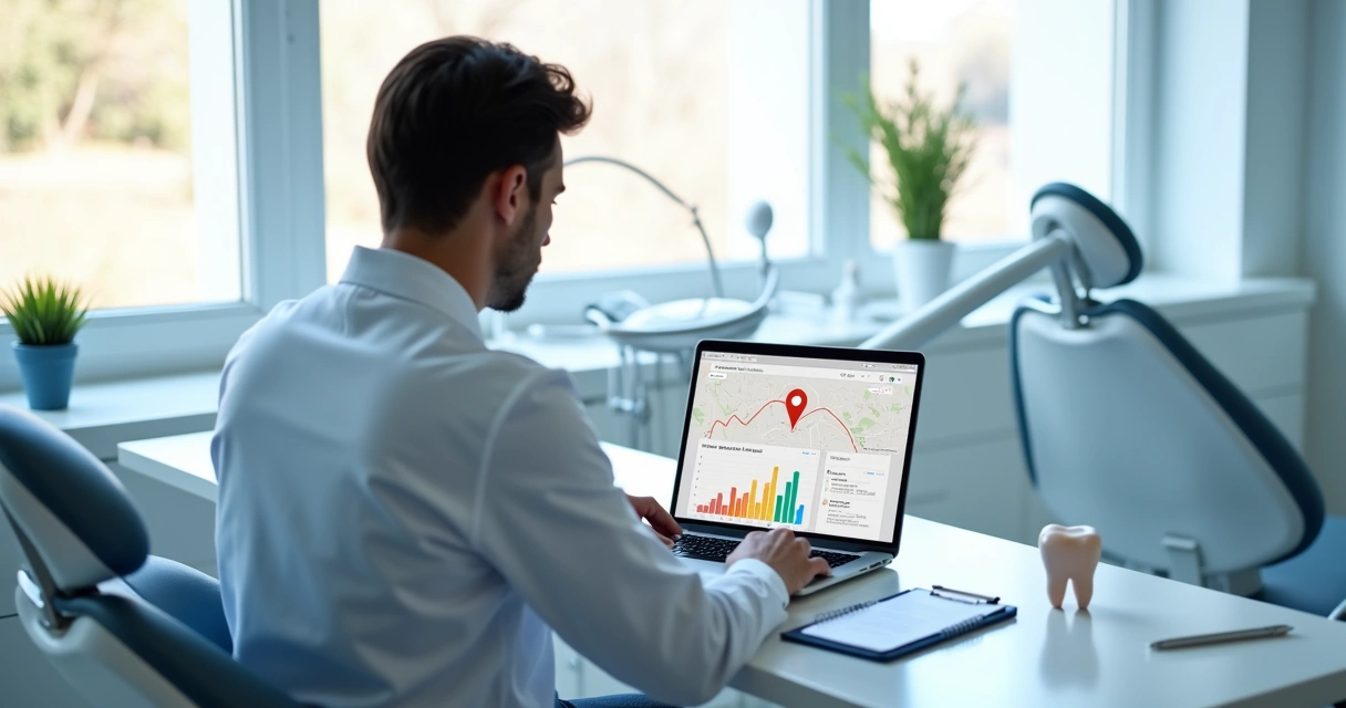 Dentista em consultório moderno analisando gráfico de crescimento em frente ao Google Maps na tela do notebook 