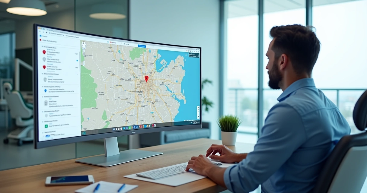 Dentista em clínica odontológica moderna olhando para tela com mapa do Google mostrando destaque local 