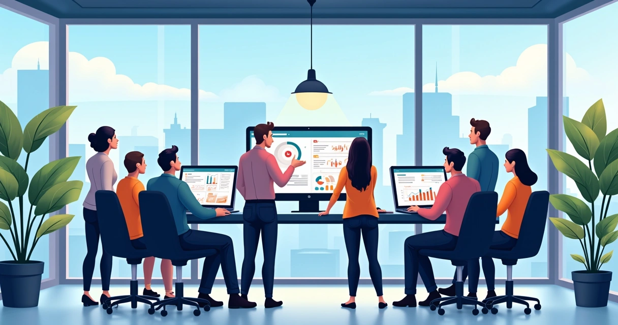 Equipe de marketing analisando gráficos de SEO local em Curitiba. 