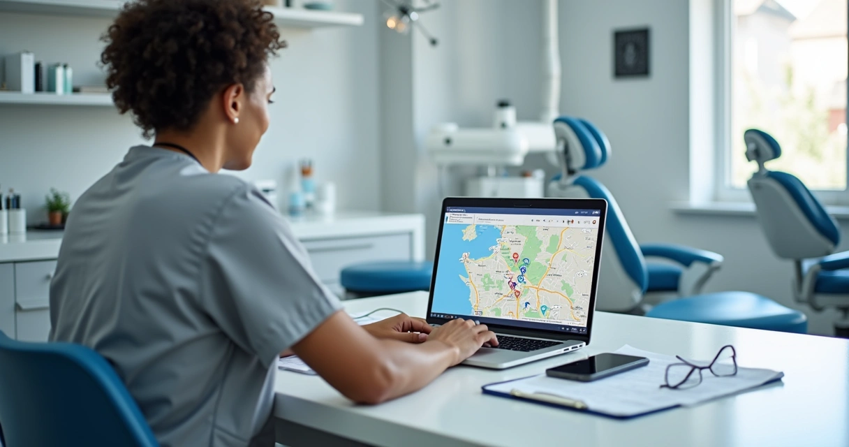 Dentista analisando SEO local da clínica em notebook com mapa e ícones de diretórios online 