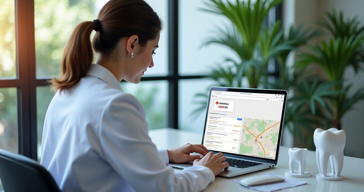 Dentista atualizando ficha do Google Maps em computador 