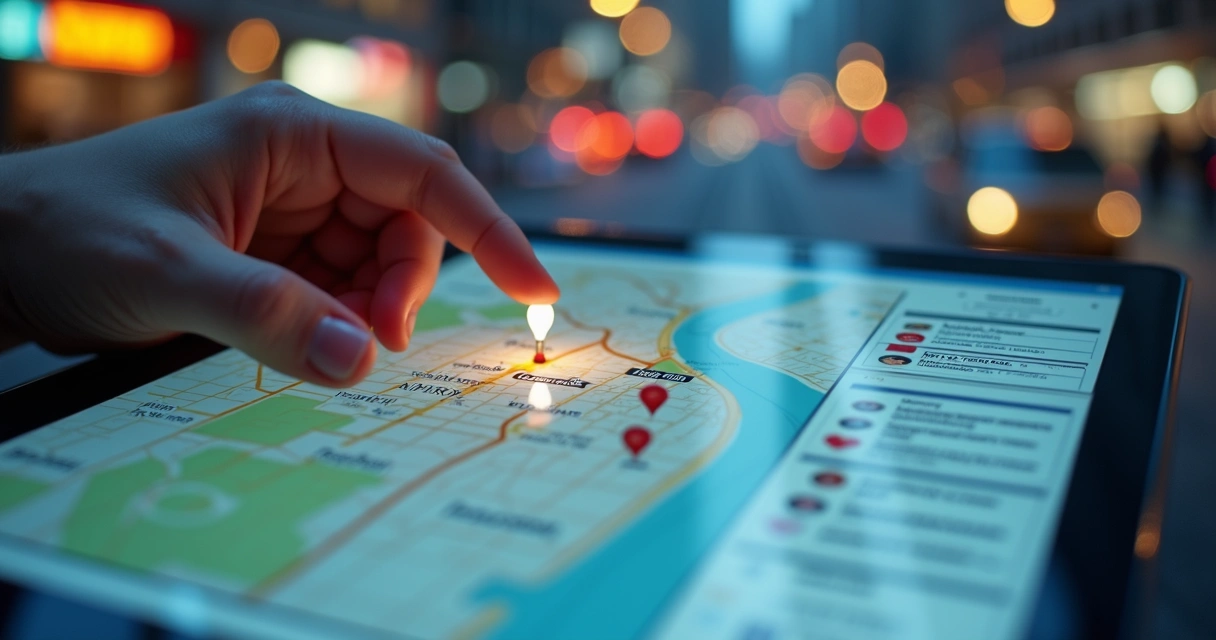 Mapa digital indicando empresas locais e resultados de busca 