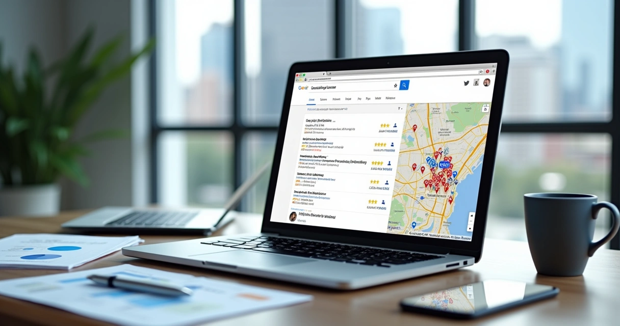 Empresário analisando buscas locais em mapa no notebook 