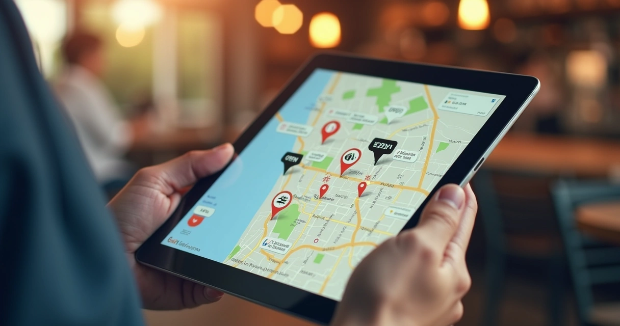 Mapa digital destacado com ícones de empresas locais 