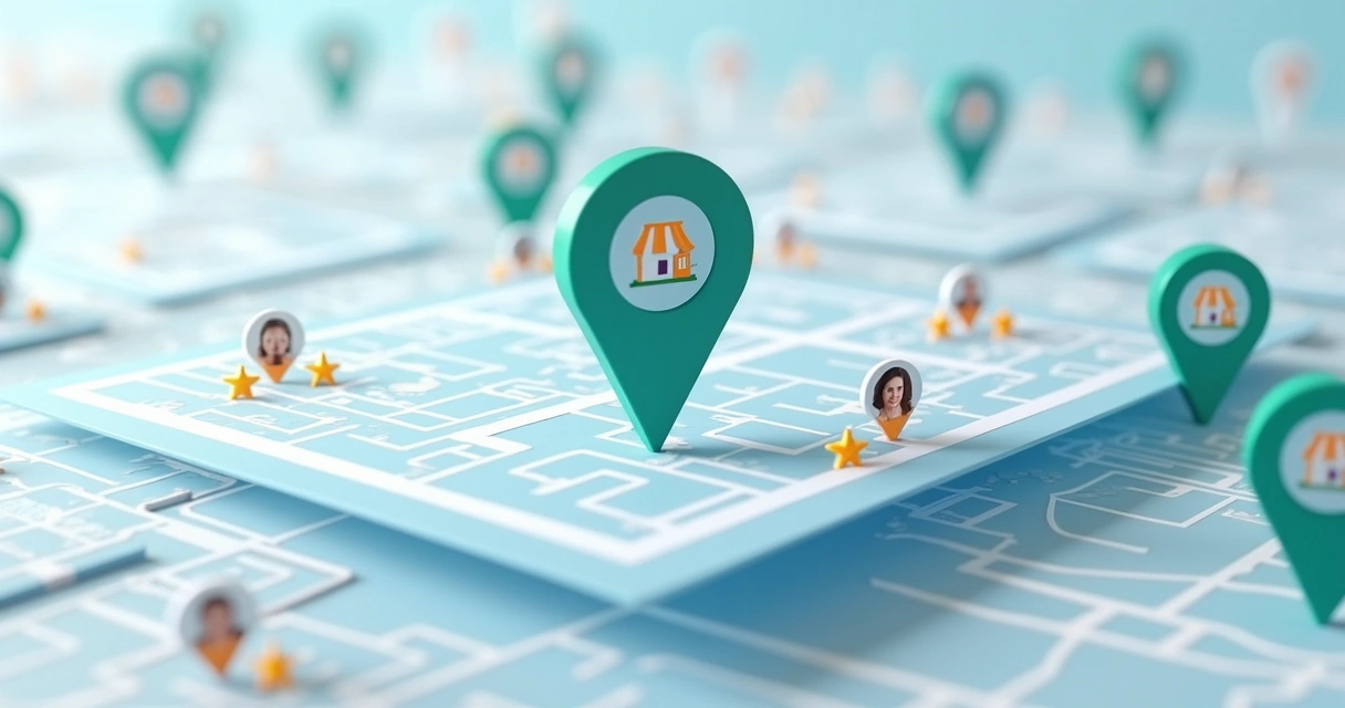 Mapa digital com ícones de local próximo, loja e avaliações 