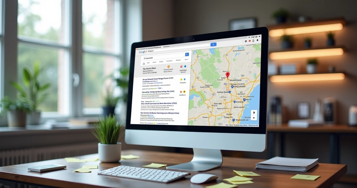 Computador mostra resultados do Google Maps para dentistas com destaque no topo da lista 