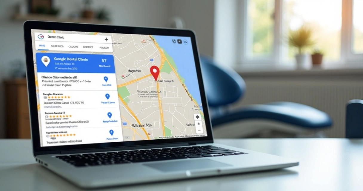 Interface Google Maps destacando clínica odontológica no topo das buscas 