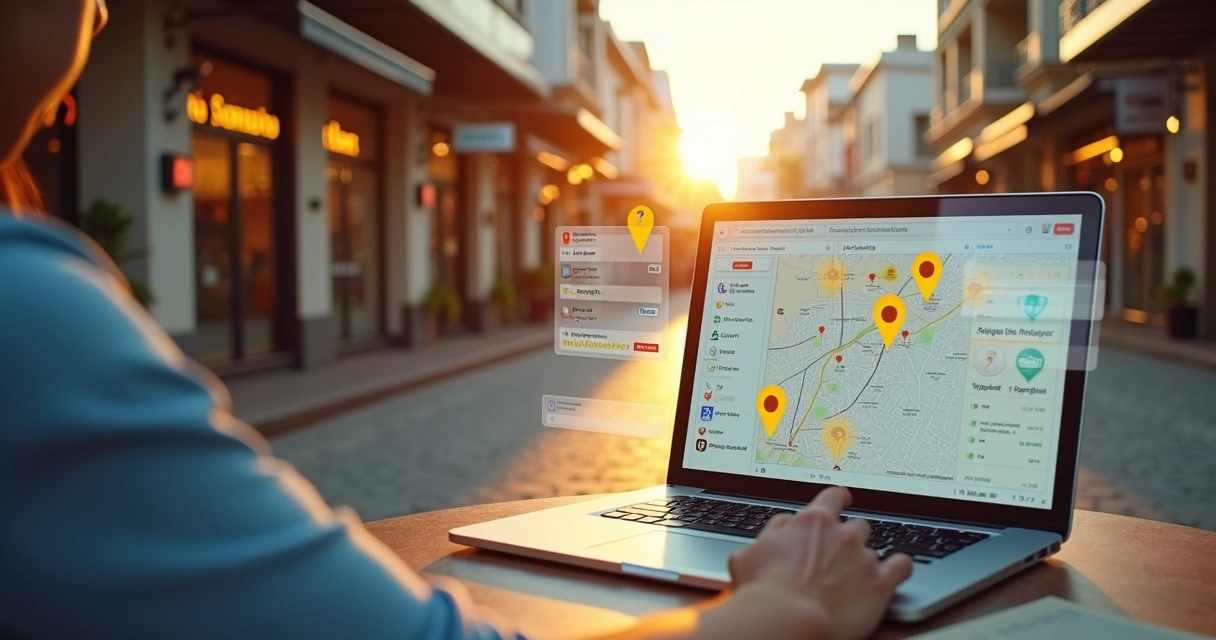 Profissional de agência ajustando anúncios em laptop com mapa digital sobreposto a rua comercial 