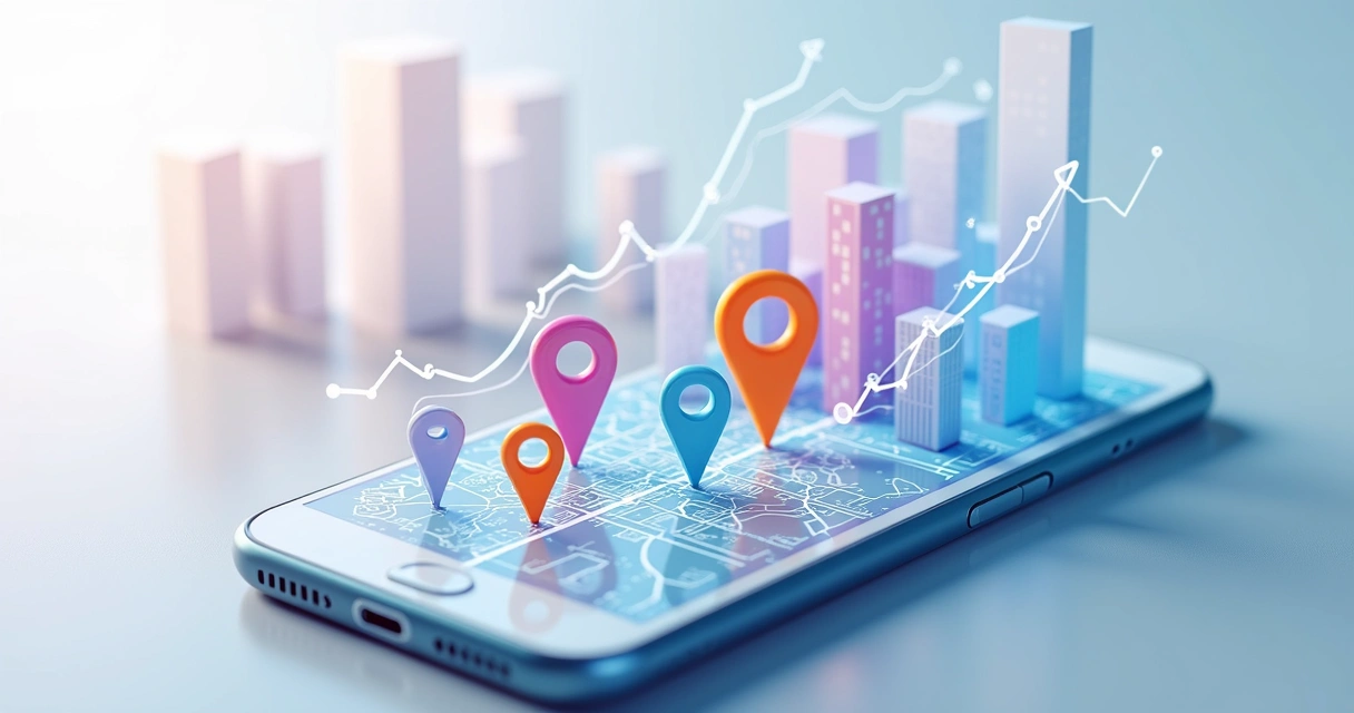 Mapa digital com marcações de empresas e gráficos de crescimento 