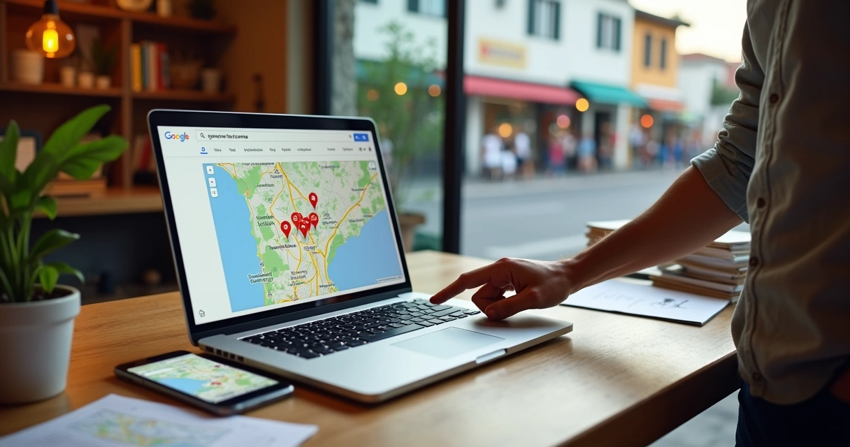 Empresário analisa mapa com resultados locais no notebook em loja de bairro 