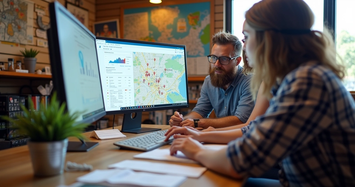 Equipe de pequeno negócio físico analisando SEO local em computador 
