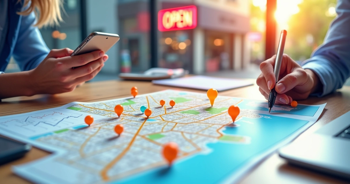 Gráfico de crescimento de busca local com mapa e pins. 