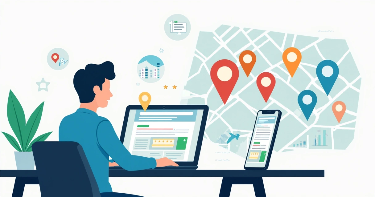 Ilustração de empresário vendo resultados de SEO local em mapa no notebook 