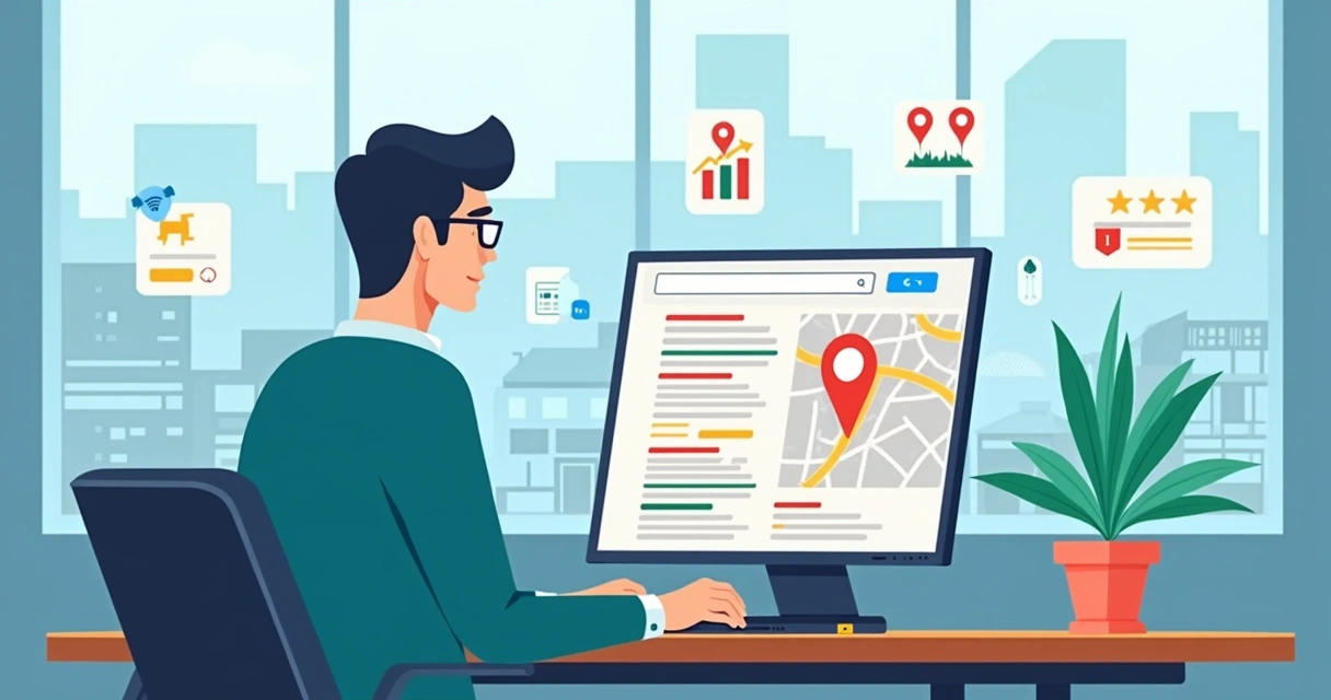 Ilustração de profissional analisando mapa com buscas locais em destaque 