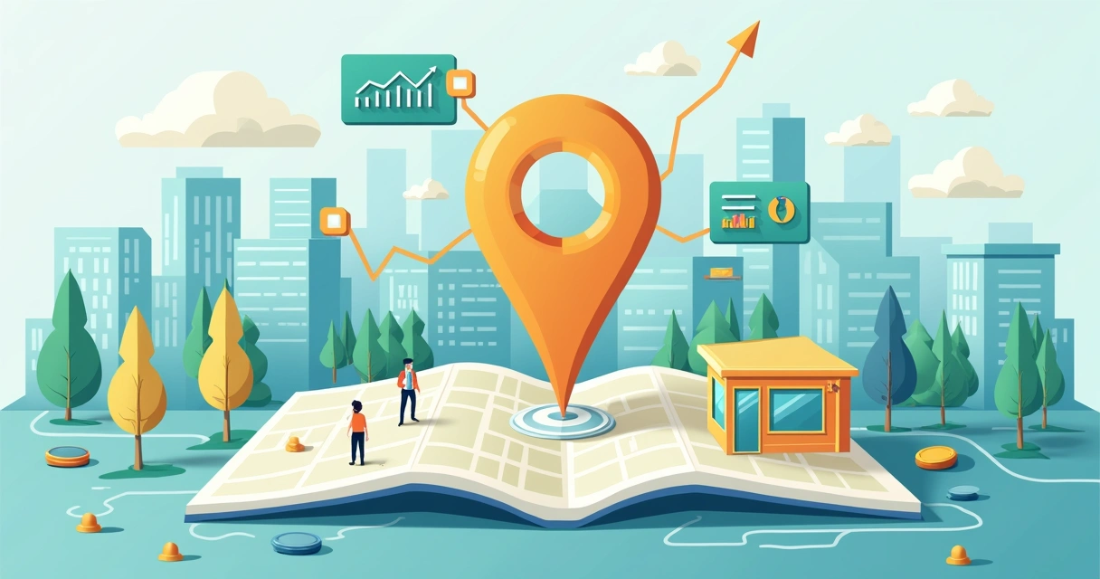 Ilustração de marca local no mapa, com destaque para loja e painel digital