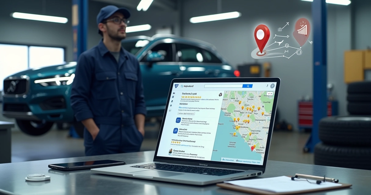 Mecânico em oficina olhando para notebook com mapa e resultados locais na tela 