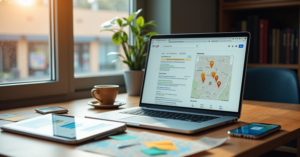 Dona de pequena loja online analisando mapa digital com buscas locais 