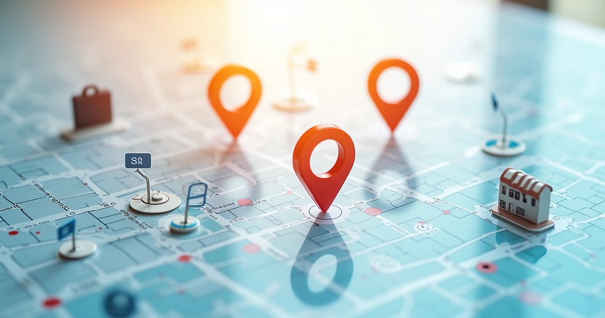 Mapa digital com localizações destacadas e ícones de negócios locais