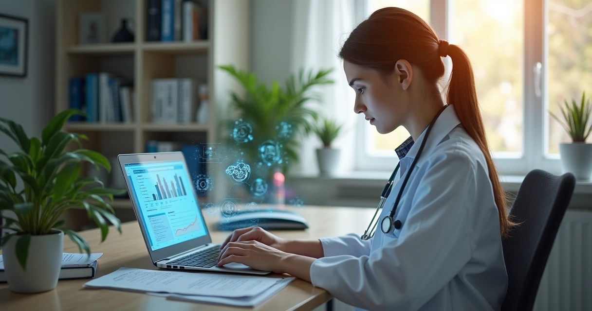 Médica em consultório digitando no notebook com gráficos e textos de SEO visíveis