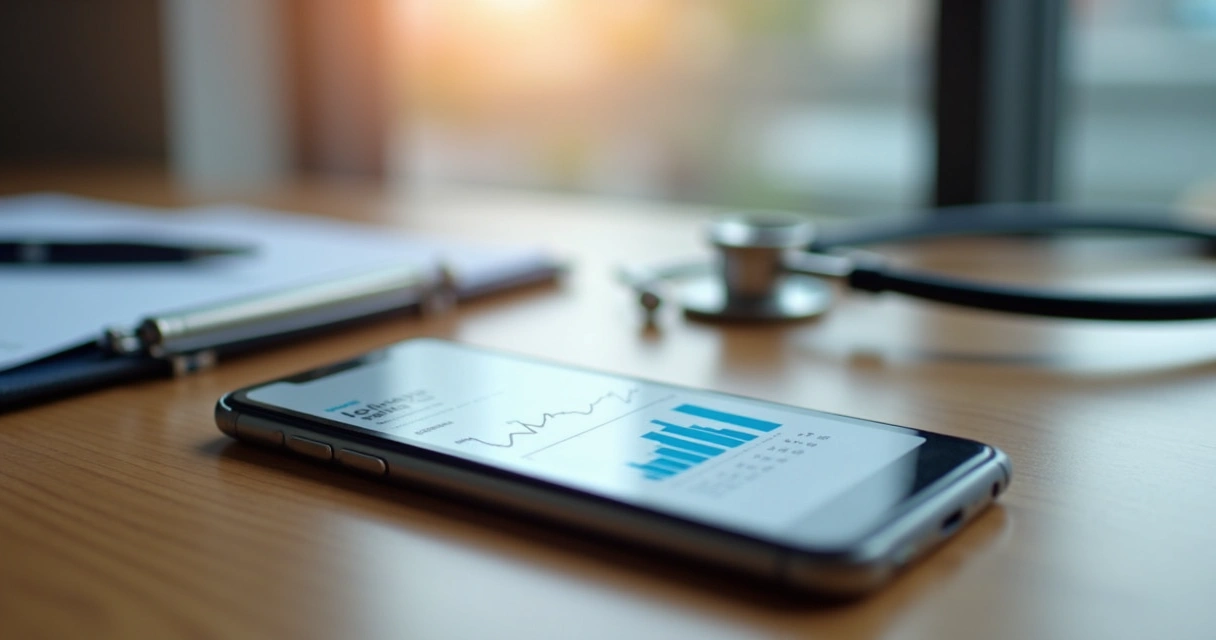 Gráfico de desempenho de SEO em celular ao lado de elementos médicos