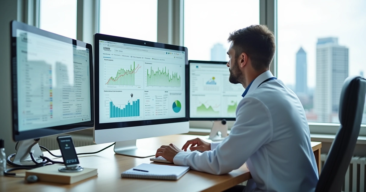 Médico em consultório olhando painel com gráficos e ícones de busca online 