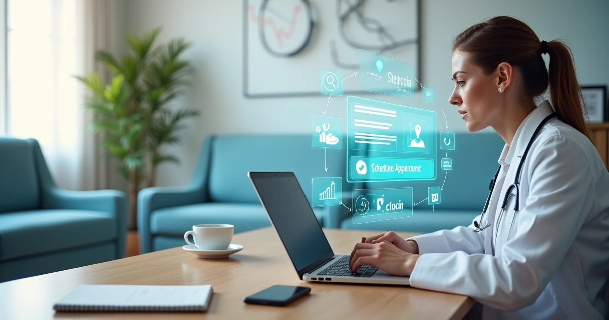 Médico em consultório olhando para laptop com site de clínica e ícones de pesquisa e localização ao redor 