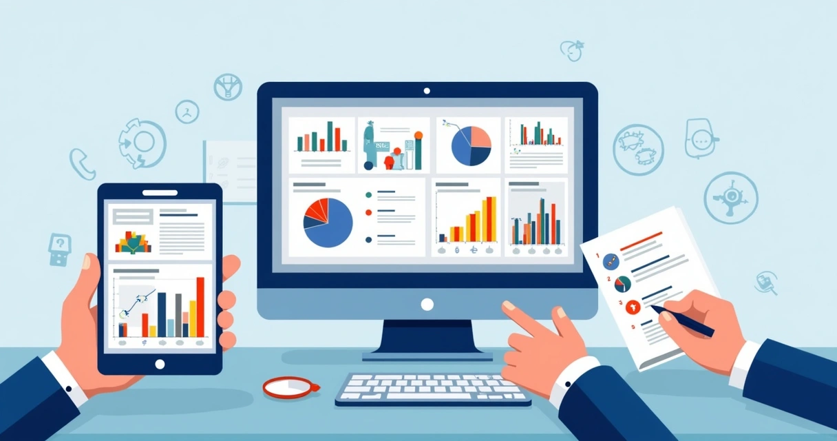 Illustration of a dashboard showing SEO metrics, graphs, and keywords being monitored 