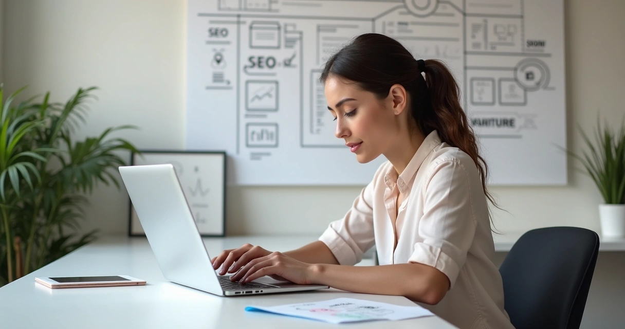 Mulher escrevendo técnicas de SEO em notebook 