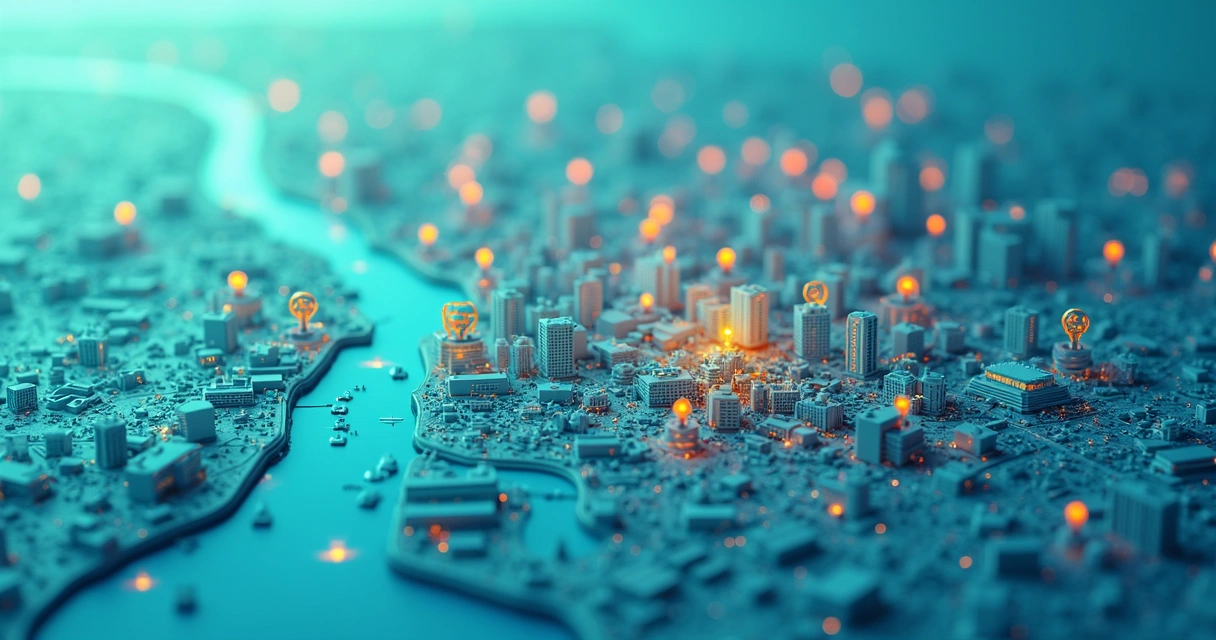 Mapa da cidade com ícones de negócios locais marcados 