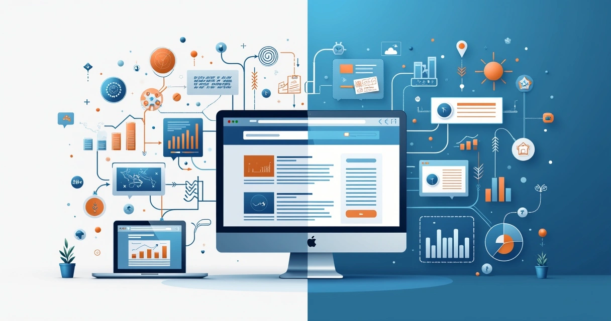 Ilustração mostrando elementos do SEO on page e off page se unindo 