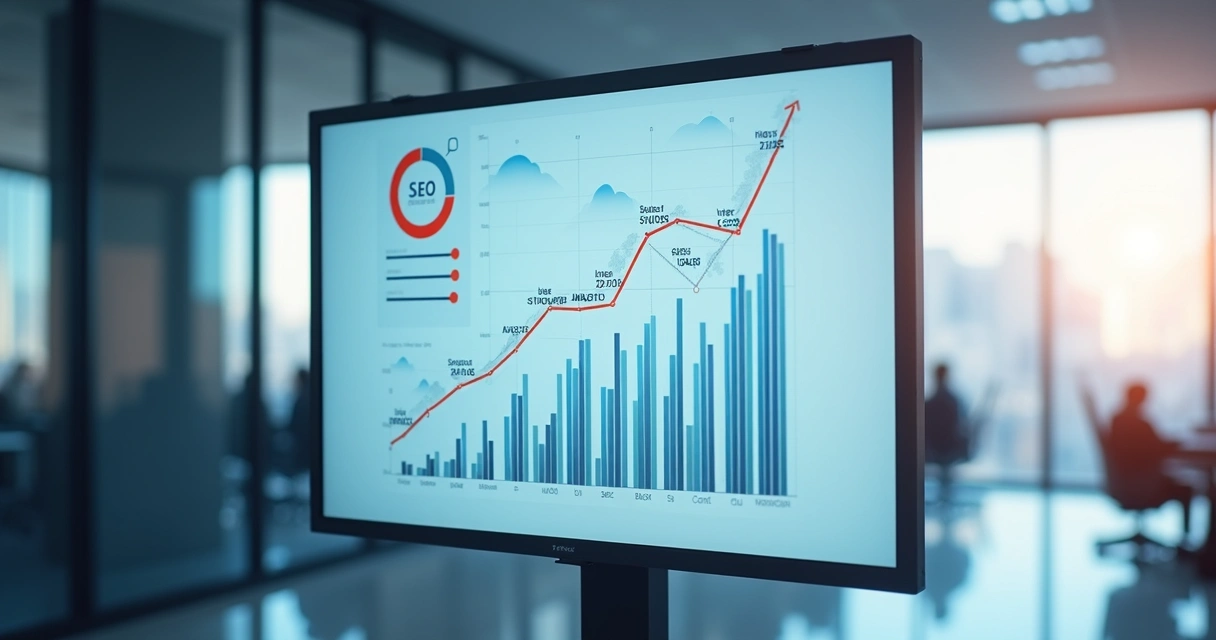 Gráfico representando SEO com elementos digitais e gráficos de crescimento 