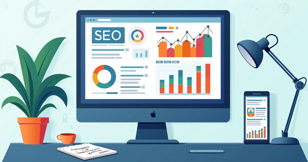 Monitor com gráficos de SEO e website sendo analisado 