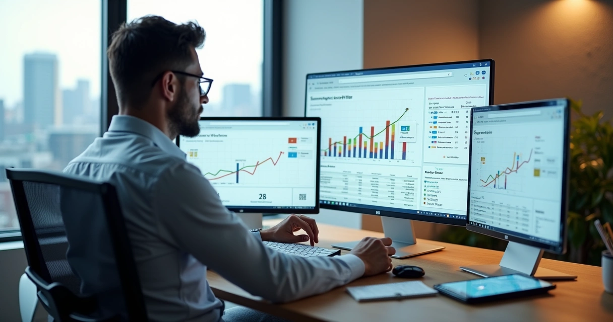 Profissional analisando gráficos de SEO e palavras-chave em computador 