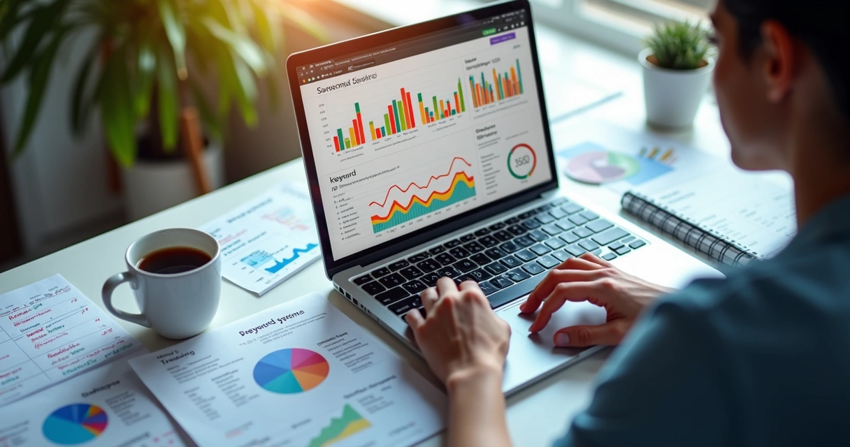 Pessoa digitando em notebook com gráficos de SEO e palavras-chave na tela 