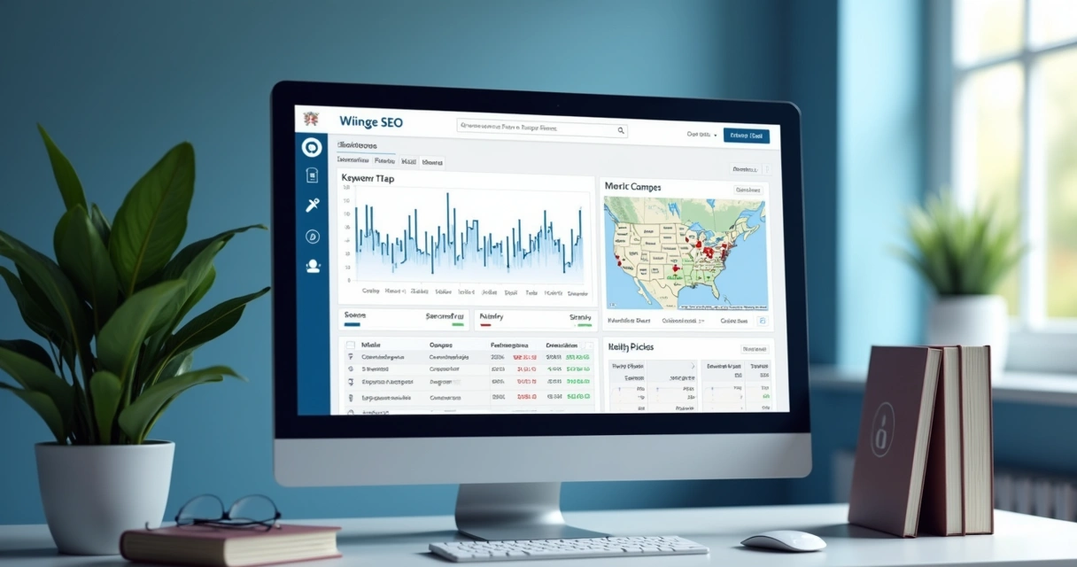 Monitor com gráficos de SEO de um site jurídico 