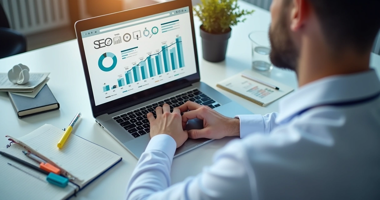 Dentista mexendo em notebook analisando gráficos de SEO 