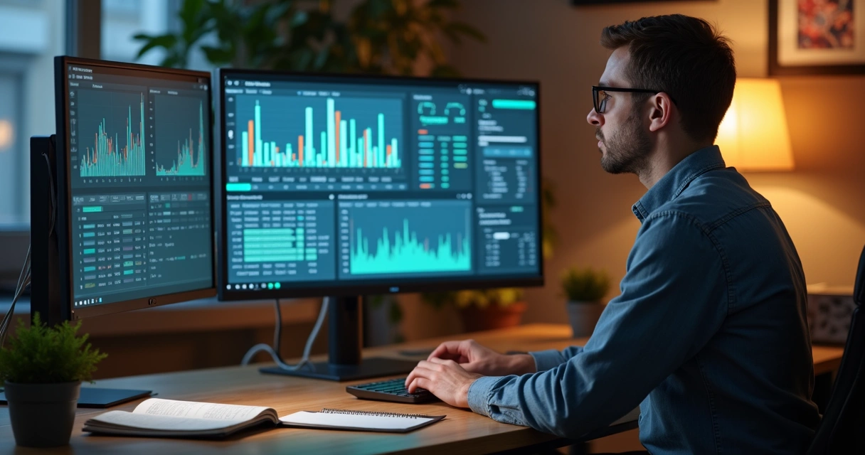 Mentor analisando gráficos de SEO em monitor e anotações em caderno 