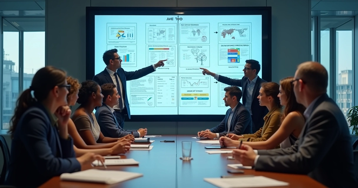 Equipe reunida em reunião com painel de estratégias de SEO ao fundo 