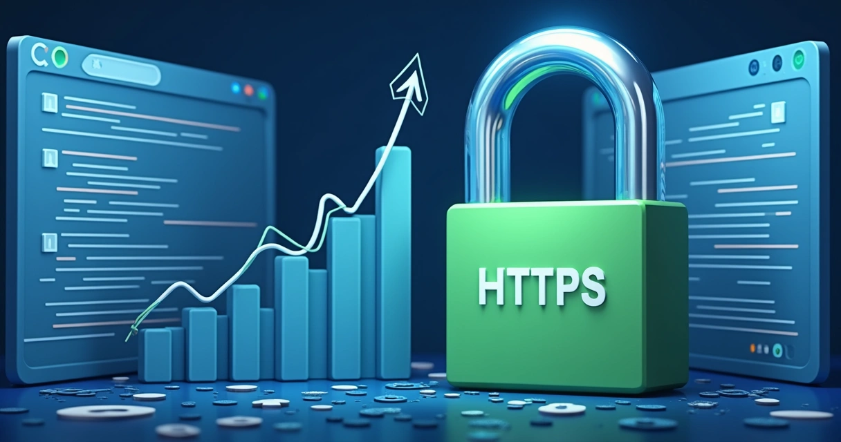 Gráfico de SEO com cadeado HTTPS em destaque 
