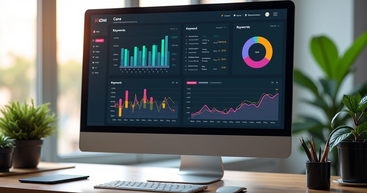 Análise de SEO de um site de agência digital em tela de computador com gráficos e palavras-chave. 