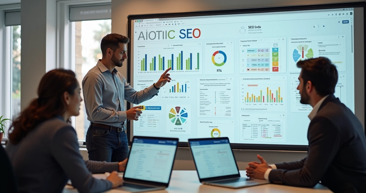 Estratégia de SEO sendo elaborada por equipe em quadro branco 