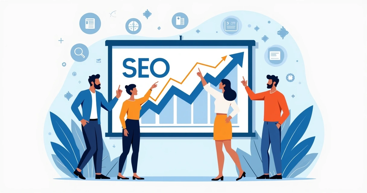 Equipe de marketing analisando gráficos de resultados de SEO em um computador 