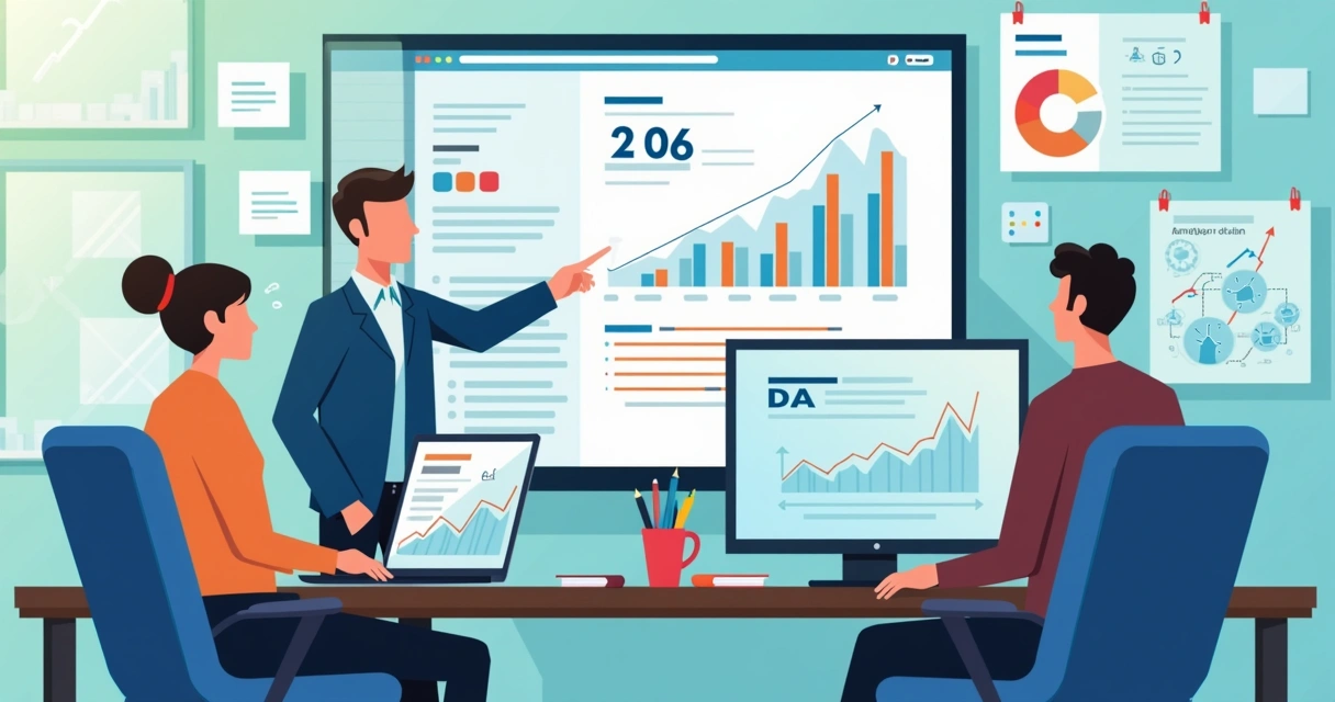 SEO team reviewing domain scores and backlink charts