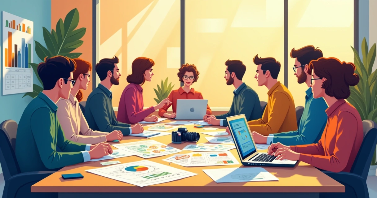 Team collaborating to create original images in a modern office 